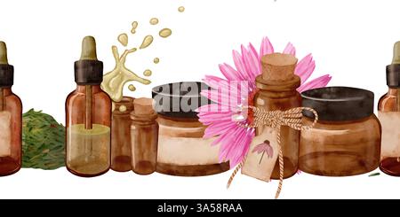 Una splendida disposizione di bottiglie progettate con oli naturali, erbe profumate e deliziosi elementi floreali. Bordo senza cuciture ad acquerello disegnato a mano su sfondo trasparente. Foto Stock