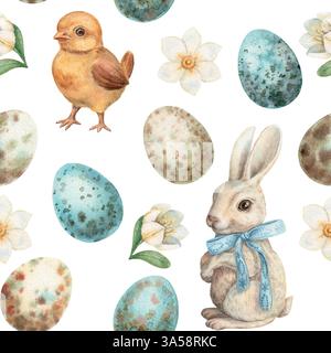 Motivo pasquale senza cuciture con coniglietto e pulcino su sfondo bianco. Design ad acquerello disegnato a mano in stile vintage. Graziosa stampa naturale ideale per Foto Stock