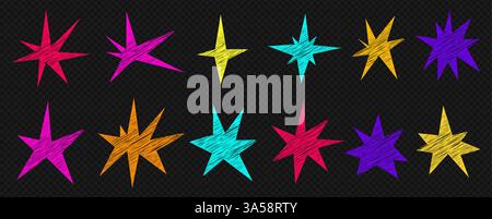 Un insieme di stelle irregolari alla moda. Semplici forme disegnate a mano con texture. Elementi di illustrazione vettoriale Illustrazione Vettoriale