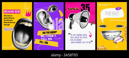 Modelli per storis con collage. Design vettoriale luminoso con diverse texture e bocca, occhi e corona femminili. Illustrazioni di tendenza per i social network Illustrazione Vettoriale