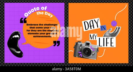 Un insieme di modelli per i post sui social network. Bocca aperta con il preventivo del giorno. Il mio prodotto preferito. Un giorno nella mia vita. Idee per i contenuti. Vettore Illustrazione Vettoriale