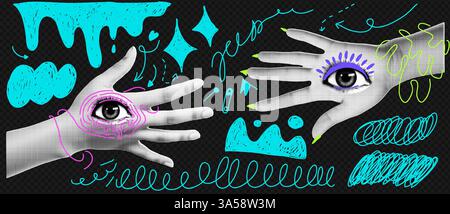 Due mani con un occhio su di loro. Elemento collage isolato su sfondo nero trasparente. Stile pop art psichedelico con doodle blu acido brillante Illustrazione Vettoriale
