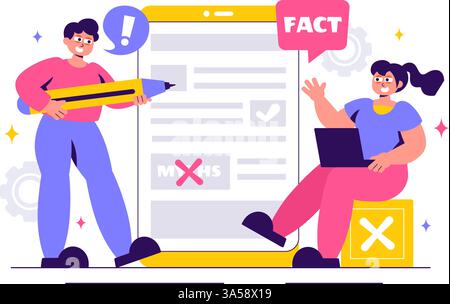 Fatti o miti controllare News Vector Illustration con Miti vs. Fatti per una verifica approfondita e un confronto delle prove in uno sfondo in stile piatto Illustrazione Vettoriale