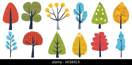 Collage infantile di elementi della struttura dei colori di ritaglio di carta con trama astratta. Illustrazione moderna e piatta per poster a tema primavera o eco-compatibile. Mano Illustrazione Vettoriale