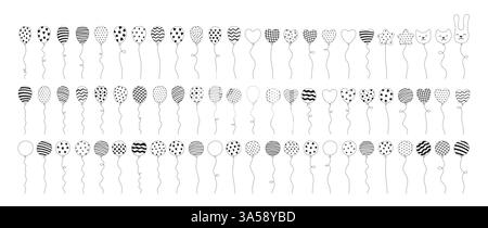 Illustrazione del set di bollature in bianco e nero. Palloncini polka a righe con cuore a stella di vario tipo. Ogni singolo pallone isolato. Design perfetto per la decorazione delle feste Illustrazione Vettoriale