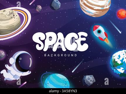 Design clipart di sfondo dello spazio esterno. Spazio con pianeti, astronauti, razzi, asteroidi e comete in galassia per modello educativo scientifico Illustrazione Vettoriale