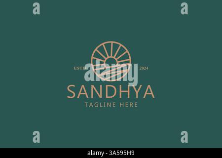 Logo Golden Sunrise Over Coastal Horizon Ocean View, Summer Escape and Adventure Symbol Illustrazione Vettoriale