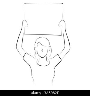 donna che tiene in mano un vettore di illustrazione della lavagna vuoto disegnato a mano con linee nere isolate su sfondo bianco. Illustrazione Vettoriale