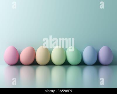 Uova di Pasqua colorate su sfondo color pastello blu verde chiaro con riflessi e spazio vuoto sopra il rendering 3D. Foto Stock