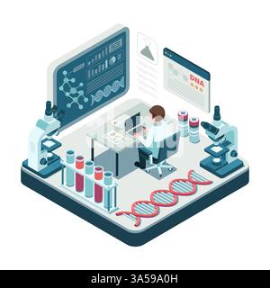 Scienziato isometrico in laboratorio di biotecnologia con ricerca e analisi del DNA. Concetto di biotecnologia Illustrazione Vettoriale