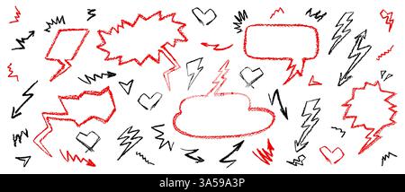 Set di buble da disegno in pastello con cuori e frecce in stile graffiti. Collezione di elementi di gesso disegnati a mano con grafitti simboli d'amore. Rosso e. Illustrazione Vettoriale