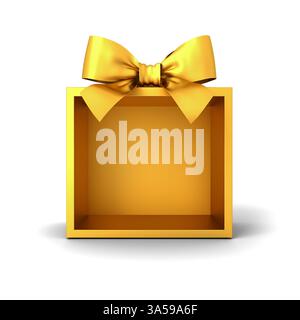 Confezione regalo di lusso oro vetrina mockup o stand espositivo vuoto espositore tutto oro con arco a nastro dorato isolato su b bianco Foto Stock