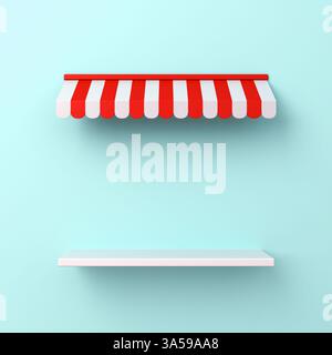 Chiosco vuoto stand espositivo negozio negozio scaffale espositivo prodotti o mock-up parete vetrina con tenda a righe bianche rosse isolata su colore blu pastello bac Foto Stock