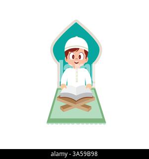 Egli è seduto su un tappeto di preghiera con un'espressione allegra durante la lettura Illustrazione Vettoriale