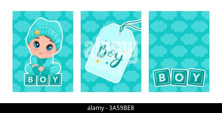 Serie di banner. La sua rivelazione di genere aBoy. Perfetto per annunci, inviti, biglietti d'auguri o decorazioni per la doccia dei bambini. Design femminile e celebrativo. Illustrazione Vettoriale