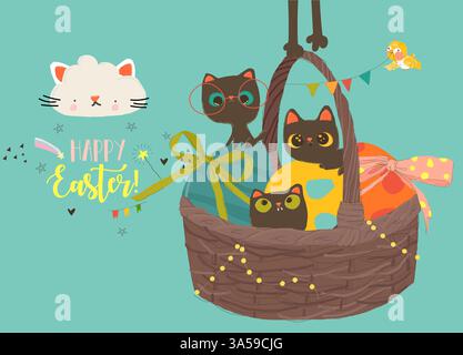 Cartolina di auguri di buona Pasqua con simpatici gatti e uova di Pasqua Illustrazione Vettoriale