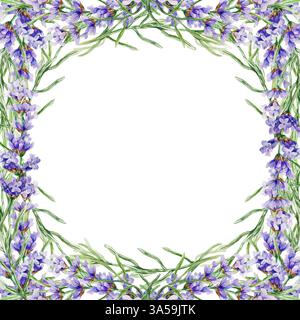 Cornice lilla quadrata. Con ciuffi di fiori ai lati. Illustrazione ad acquerello disegnata a mano isolata su bianco. Per biglietti d'auguri, matrimonio Foto Stock