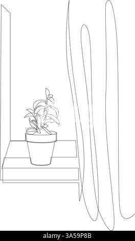 Una pianta in vaso su davanzale dalla tenda continua su una linea d'arte. Arredi interni di tendenza, design a linea singola. Illustrazione del vettore di disegno del contorno Illustrazione Vettoriale