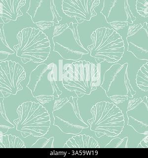 Motivo verde chiaro senza cuciture con contorno bianco di conchiglie e molluschi. Atmosfera marina. Illustrazione vettoriale Illustrazione Vettoriale