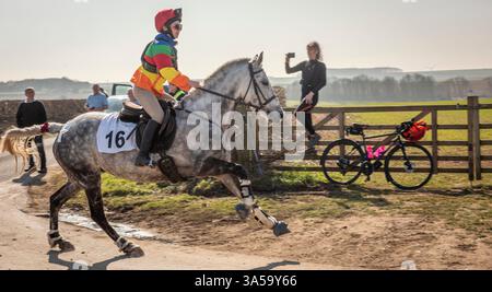 La più antica corsa di cavalli in Inghilterra, il Kiplingcotes Derby nello Yorkshire Wolds si svolge il terzo giovedì di marzo di ogni anno ed è stata fondata nel 1519. Se non dovesse succedere, sarà la fine di questo evento annuale e non accadrà mai più. Foto Stock