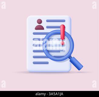 Un file di documento e una lente di ingrandimento con un punto esclamativo di avvertenza. Il concetto di analisi del rischio, il curriculum del cliente e il finanziamento. 3D vettoriale Illustrazione Vettoriale