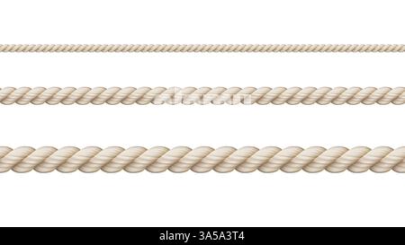 Corde vettoriali realistiche dritte su sfondo bianco. Corda decorativa. Illustrazione Vettoriale
