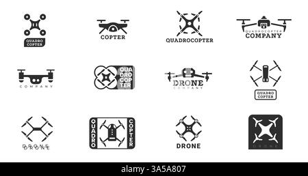 Logo del drone. Velivolo quadricottero senza equipaggio aziendale con eliche, moderna tecnologia per veicoli aerei per la sorveglianza delle consegne fotografiche, design piatto Illustrazione Vettoriale