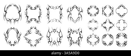 Cornice tribale gotica. Profilo decorativo scuro astratto con bordi ornamentali, elementi a vortice decorati da demone tribalistico retrò per un design tatuaggio. Vettore Illustrazione Vettoriale