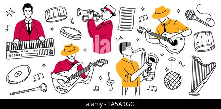 Musicisti Doodle. Strumenti e suonatori di jazz a cartoni animati, musicisti che suonano musica, orchestra jazz sketch con chitarra pianoforte sassofono tromba percussioni Illustrazione Vettoriale