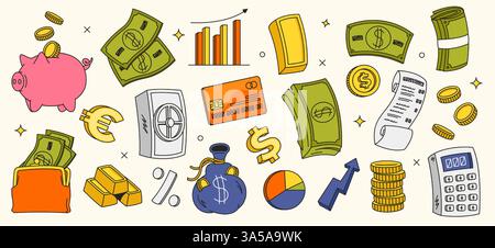 Adesivo finanziario retrò. Cartoon 90s moneta risparmio e budget d'oro, icone della gestione finanziaria, carta di credito doodle Y2K, salvadanaio, contanti e portafoglio Illustrazione Vettoriale