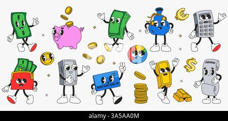 Money personaggio dei cartoni animati retrò. Risparmio di investimenti straordinari finanziario anni '70 anni '80 divertenti adesivi fumettistici con portafoglio contanti sacchetto salvadanaio, Y2K Psychedelic Illustrazione Vettoriale