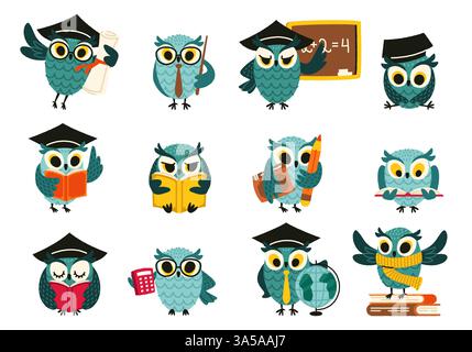 Carattere civico saggio. Cartoni animati uccelli intelligenti con libri e accessori scolastici, divertenti gufi piumati studenti che imparano il concetto educativo. Uccello vettoriale Illustrazione Vettoriale