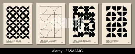 Poster con schema astratto. Forme geometriche minimali con linee caotiche e semicerchi, arte creativa moderna e brutalista per il design della copertina. Grafica vettoriale Illustrazione Vettoriale