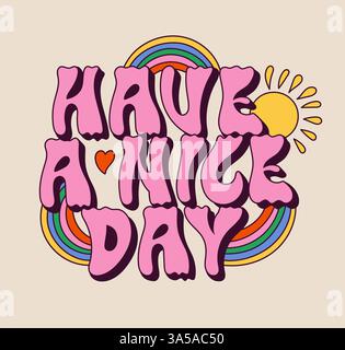 Slogan Groovy. Scritta retrò psichedelica con il sole hippie retrò e simboli arcobaleno, adesivo motivazionale vintage anni '60. Illustrazione del testo hippy vettoriale Illustrazione Vettoriale