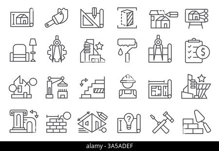 Icone delle linee di architettura. Il piano di costruzione delinea i simboli di architetto e ingegnere edile, la costruzione urbana e i pittogrammi di pianificazione. Architettura vettoriale Illustrazione Vettoriale