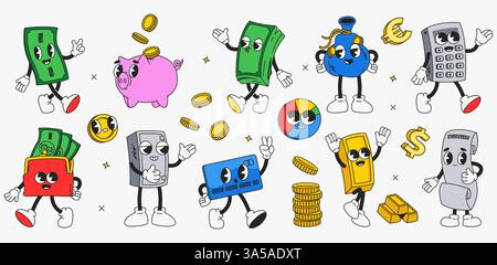 Money personaggio dei cartoni animati retrò. Risparmio di investimenti straordinari finanziario anni '70 anni '80 divertenti adesivi fumettistici con portafoglio contanti sacchetto salvadanaio, Y2K Psychedelic Illustrazione Vettoriale