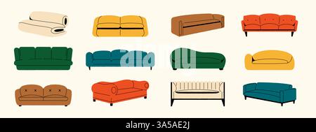 Set di divani alla moda. Moderno divano appartamento, interni e mobili piatti, comodo salotto con divani per il soggiorno, design piatto in stile scandinavo Illustrazione Vettoriale