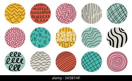 Set di avatar rotondi astratti con motivi a trama nera. Forme di doodle disegnate a mano. Curve, linee. Social media moderni e alla moda Illustrazione Vettoriale