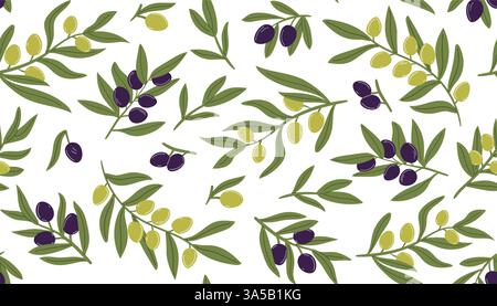 Rami con olive senza cuciture. Fondo di frutta verde e nera matura oliva. Concetto di branding per le aziende produttrici di olio d'oliva e i servizi culinari Illustrazione Vettoriale