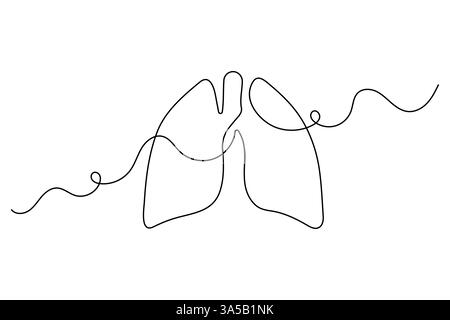 Disegno polmone continuo a una linea con icona vettoriale in bianco e nero Illustrazione Vettoriale