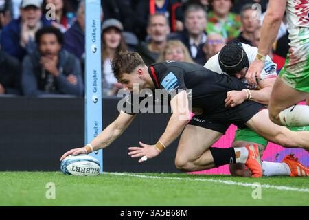 LONDRA, Regno Unito - 22 marzo 2025: Tobias Elliott dei Saracens segna la sua seconda meta durante la partita di rugby di Premiership tra Saracens e Harlequins al Tottenham Hotspur Stadium (credito: Craig Mercer/ Alamy Live News) Foto Stock