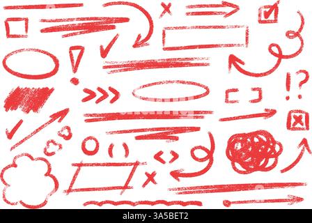 Elementi di design disegnati a mano in gesso rosso: Frecce, linee, cerchi, pennellate. Illustrazione Vettoriale