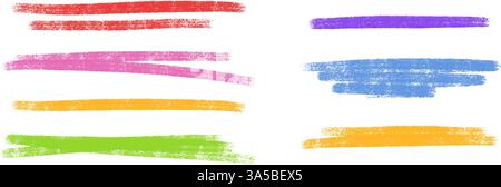 Tratti di pastello pastello - sottolineature dritte con bordi ruvidi. Elementi di design dei divisori grunge disegnati a mano. Illustrazione Vettoriale