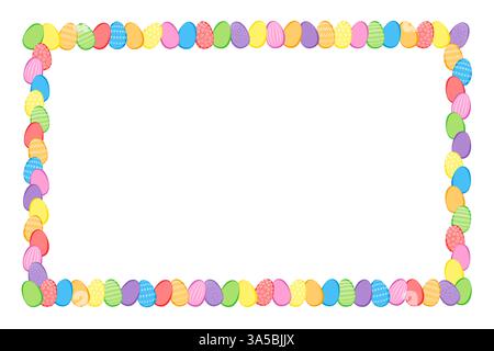 Uova di Pasqua colorate che formano un bordo decorativo con spazio vuoto al centro per il testo. Cornice rettangolare composta da uova Paschal multicolore. Foto Stock