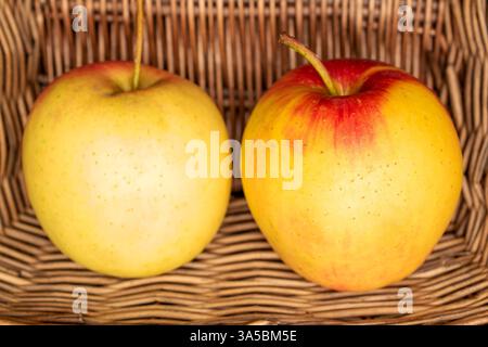 Diverse mele succose in un cesto, macro. Foto Stock