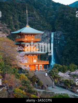 Splendida vista delle cascate Nachi e della Pagoda Seiganto-ji: Un maestoso mix di natura e tradizione nel cuore del paesaggio spirituale del Giappone! Foto Stock