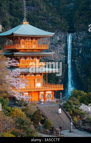 Splendida vista delle cascate Nachi e della Pagoda Seiganto-ji: Un maestoso mix di natura e tradizione nel cuore del paesaggio spirituale del Giappone! Foto Stock