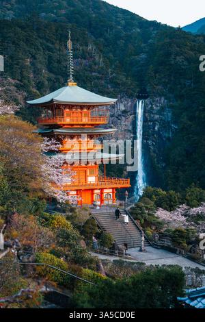 Splendida vista delle cascate Nachi e della Pagoda Seiganto-ji: Un maestoso mix di natura e tradizione nel cuore del paesaggio spirituale del Giappone! Foto Stock