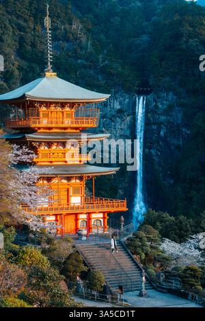 Splendida vista delle cascate Nachi e della Pagoda Seiganto-ji: Un maestoso mix di natura e tradizione nel cuore del paesaggio spirituale del Giappone! Foto Stock