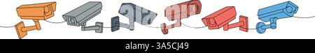 Videocamere con disegno continuo a una riga colorata. Telecamere CCTV esterne. Illustrazione vettoriale. Illustrazione Vettoriale